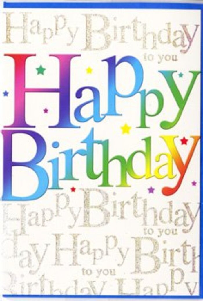 In this close-up of a birthday card, the entire focus is on a luminous Happy Birthday that occupies the centre of the design, each letter ablaze with a different hue. The colours flow like a painter's wash across the words: rich cranberry reds and fuchsia tones melt into amethyst and cobalt, then drift into turquoise, fresh grass green, and buttery yellow, much like watching the changing colours of the trees through the seasons in Richmond Park. The letters themselves are large, softly curved, and slightly overlapping, with a smooth, printed finish that looks almost velvety to the touch. Behind this exuberant rainbow message lies a second layer of sentiment: the phrase Happy Birthday to you repeats in elegant, looping calligraphy, traced in fine gold that glimmers when the card tilts in the light. This script forms a delicate pattern, like golden ripples on the surface of the Thames on a clear afternoon, wrapping the bold central greeting in a halo of warmth. The background is a soft, light tone-close to cream or warm white-so the colours and metallic flourishes stand out crisply but never feel harsh. There is a sense of careful balance between lively celebration and stylish restraint, reminiscent of a thoughtfully arranged party table in a Richmond townhouse, where every detail has been considered. Imagining this card resting beside a hand-tied bouquet from a local florist near Hill Street, you can almost feel the smooth weight of the cardstock and the slight raised texture of the printing under your fingertips. It is the kind of birthday card that does more than convey a message; it sets the scene for a day filled with cheerful voices, shared cake, and the comfort of being truly celebrated.
