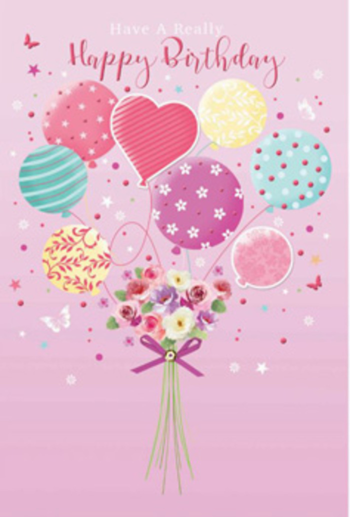 This illustrated birthday card design feels like a pocket of joy lifted straight from Richmond upon Thames, where pastel balloons and a dainty bouquet rise together as if carried on a light river breeze. Against a soft pink backdrop, a cluster of balloons hovers, their rounded shapes overlapping in layers of blush, pale sunshine yellow, cool teal, and lavender. The glossy surfaces are decorated with swirling ribbons, tiny dots, and delicate floral patterns, each detail suggesting careful, artistic attention-much like the window displays in the independent florists tucked near Richmond Theatre. At the centre, a more prominent balloon seems to shine a little brighter, radiating warmth and affection, like the heart of a birthday wish. Below, a tidy hand-tied bouquet forms the base of the composition. Small roses and soft, daisy-like flowers sit closely packed, their petals shaded from cream to rose and soft mauve, giving the impression of freshly picked blooms delivered that very morning. Imagined scent rises in gentle waves-sweet, lightly powdery, and comforting, the sort of aroma that might greet you when you pass a flower stall on Richmond Station's approach. A sparkling purple bow secures the stems, its satin loops reflecting subtle highlights, echoing the shine of the balloons above. Around the bouquet, glimpses of tiny butterflies and star-like confetti add a whimsical, almost storybook charm, as though the arrangement is caught in a suspended garden party. The overall mood is tender and celebratory, a refined yet playful expression of birthday happiness that feels perfectly at home in this leafy riverside community.
