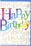 This photograph shows a striking birthday card whose front is completely devoted to a vibrant Happy Birthday message, written in large, confident letters that ripple through a full rainbow of colour. The gradient shifts gently from deep wine red and raspberry through burnt orange and sunshine yellow, then into sea-green, teal, and violet, echoing the playful, colourful stalls of the Saturday markets around Richmond upon Thames. Each letter is smooth, rounded, and neatly aligned, giving the words a buoyant, almost musical rhythm across the card. Behind this central greeting, the background is richly detailed with the words Happy Birthday to you repeated in a graceful, cursive script, rendered in shimmering gold ink. This fine script forms a delicate, almost lace-like pattern that glistens as though lightly dusted with glitter, catching the light the way evening lamps do along the riverside walk. The overall palette remains cheerful and bright, but with enough pale space around the lettering to keep the design fresh and uncluttered. The card appears to be printed on quality, slightly glossy stock, giving it a polished finish that would feel smooth yet substantial in the hand. It's easy to imagine this card propped on a mantle in a Richmond home, beside fresh birthday blooms delivered the same day, its colours echoing the lively spirit of local celebrations from Kew to Petersham. Every element-the rainbow typography, the golden script, the gentle shimmer-works together to express not just a birthday greeting, but the promise of a joyful, memorable day.