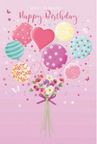 A whimsical birthday scene unfolds like a daydream over Richmond upon Thames, where a cloud of pastel balloons and a graceful bouquet seem to float together in soft, rosy light. The background is a gentle pink wash, against which round and heart-shaped balloons hover in overlapping layers of blush, seafoam, lemon, and lavender. Their glossy surfaces are adorned with candy-like stripes, playful polka dots, and tiny floral swirls, each motif catching the light as though reflecting the glow of shopfronts near Richmond Green at dusk. At the heart of the cluster, a subtly heart-shaped balloon radiates quiet affection, giving the composition its emotional centre. Below, a charming bouquet gathers at the base, its stems neatly tied with a violet satin bow whose sheen adds a touch of luxury. The flowers themselves-petite roses and anemone-style blossoms-nestle together in creamy ivory, soft blush pink, and muted mauve, their petals gently ruffled and velvety, as if just arranged by a careful local florist. You can almost imagine a faint, sweet fragrance, somewhere between garden rose and spring meadow, drifting like the breeze along the riverside path. Tiny star shapes and delicate butterflies are scattered through the design, adding a sense of movement and celebration, like confetti caught mid-air. The whole artwork feels airy, polished, and full of promise, turning the idea of a birthday card into a small, transportive moment of happiness that would delight anyone celebrating in the elegant, leafy streets and riverside homes of Richmond.